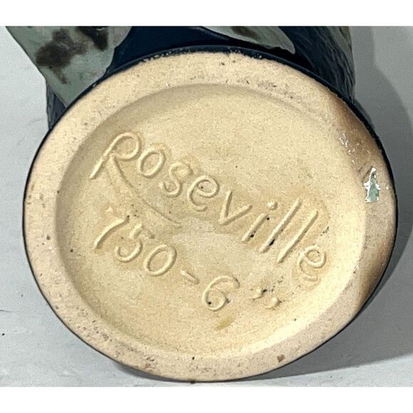 Roseville Pottery Reproduction Blue Rose Floral Flower Double Handle 6"x 5" Vase - Picture 7 of 8